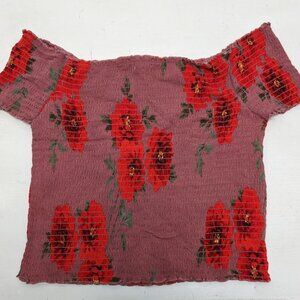 Kendall & Kylie Pink Size L Floral Roses Smocked Off the Shoulder Crop Top NEW